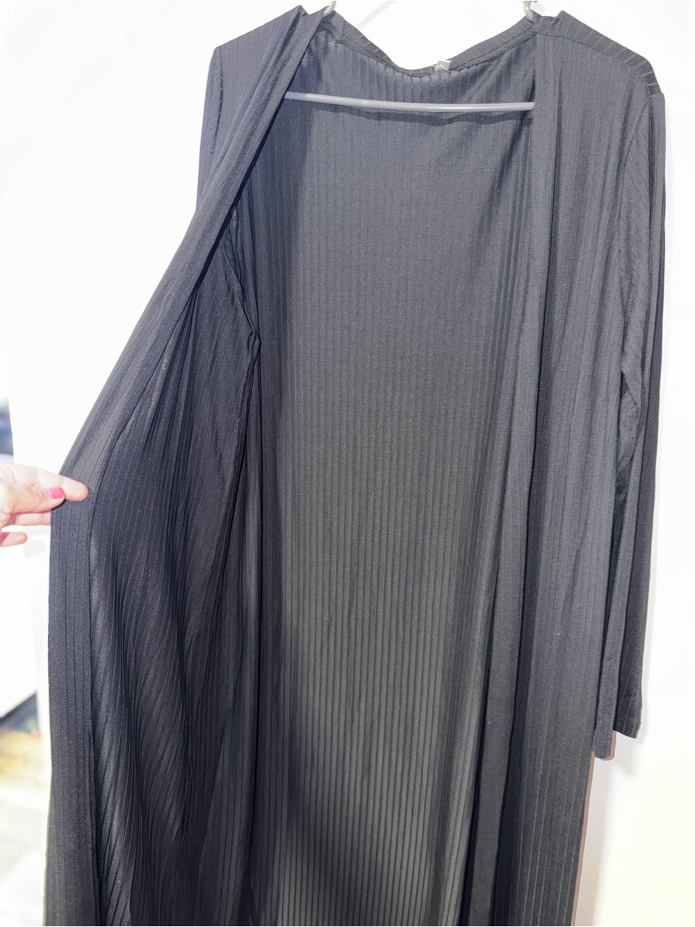 Long Open-Front Ribbed Cardigan - Black - Picture 7 of 12